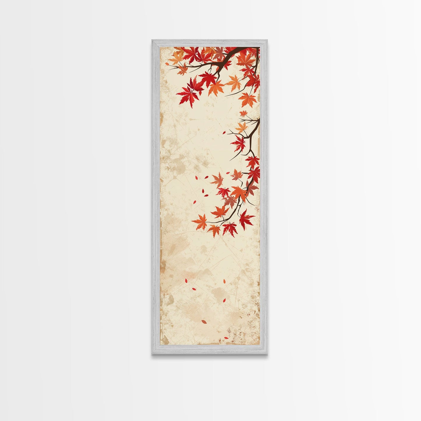 Skinny Art Maple Branch In Japanese Style Wood Block Print Autumn Leaves On Framed Canvas Print, Tall Art Ukiyo-e