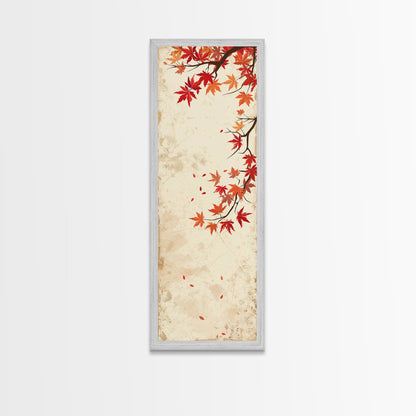 Skinny Art Maple Branch In Japanese Style Wood Block Print Autumn Leaves On Framed Canvas Print, Tall Art Ukiyo-e