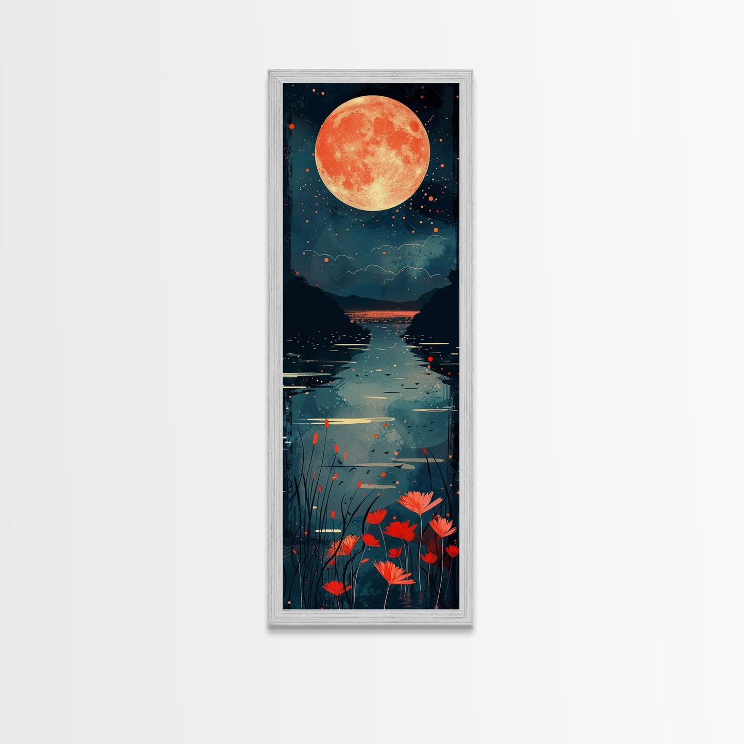 Skinny Art Full Moon Over Lake In Japanese Style Wood Block Print Vibrant Night Scene On Framed Canvas Print, Tall Art Ukiyo-e