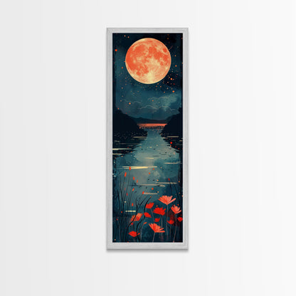 Skinny Art Full Moon Over Lake In Japanese Style Wood Block Print Vibrant Night Scene On Framed Canvas Print, Tall Art Ukiyo-e