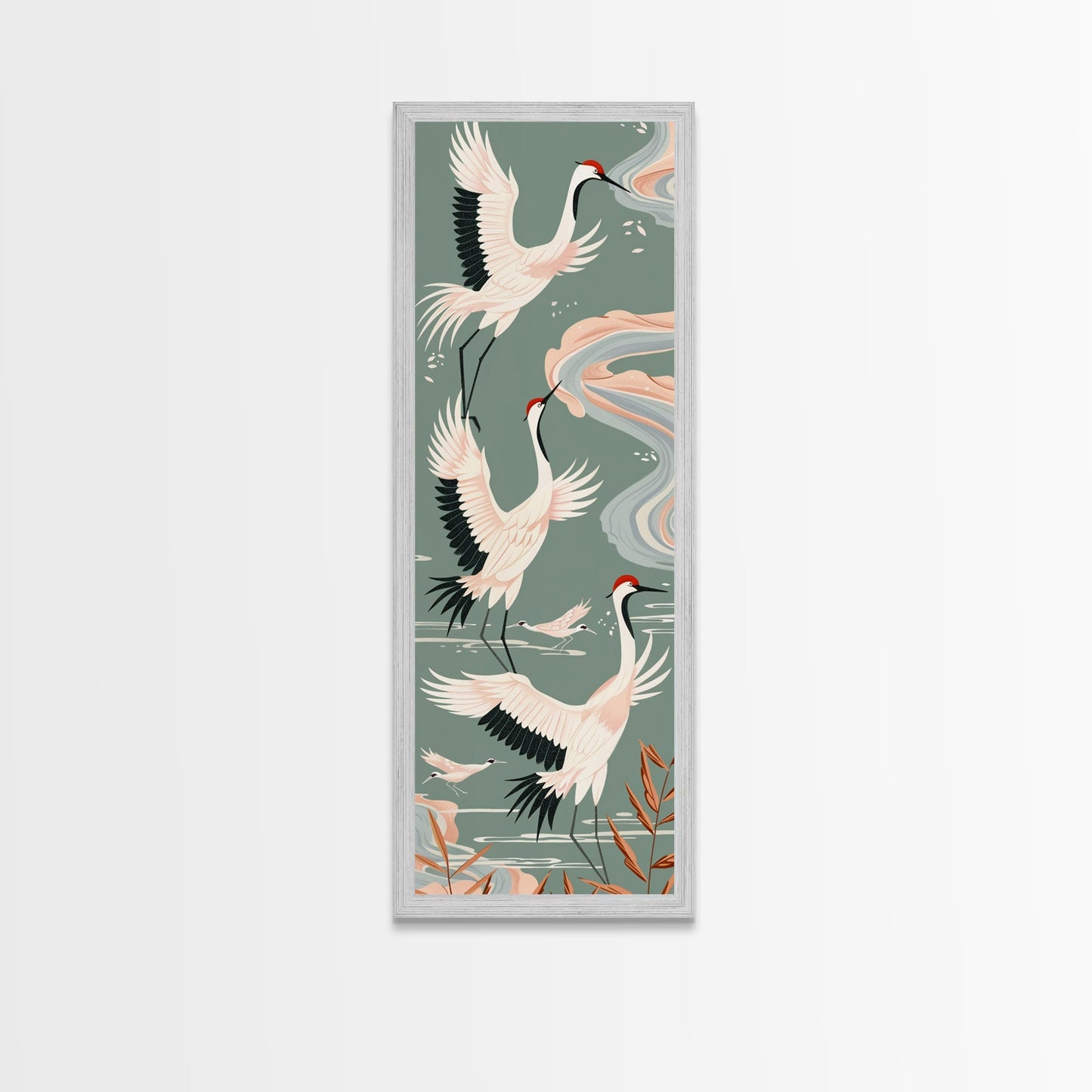 Cranes In Flight Framed Canvas Print, Traditional Japanese Art With Soft Colors And Detailed Wings, Wall Art Ready To Hang
