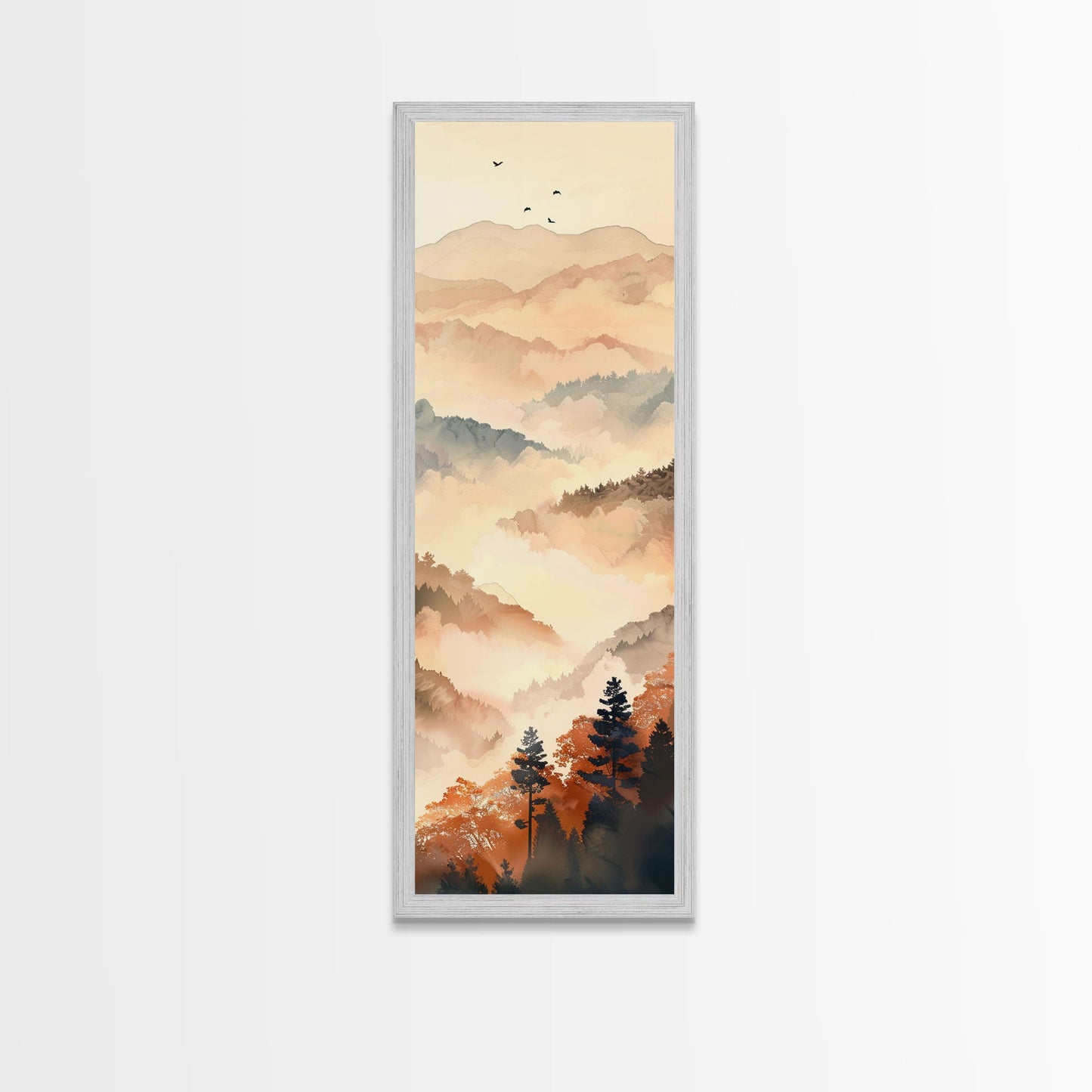 Skinny Art Tall Art Framed Canvas Print Layers Of Misty Mountains In Soft Warm Hues Ukiyo-e Japanese Style Art Wood Block Print