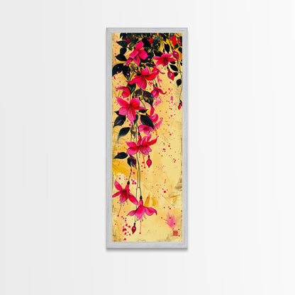 Skinny Art Tall Art Framed Canvas Print Bold Fuchsia Flowers In Dynamic Composition Over A Vibrant Yellow Background Ukiyo-e Japanese Style Art