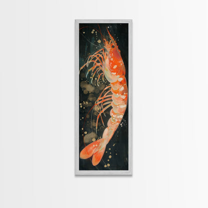 Shrimp Illustration Underwater Theme Deep Sea Skinny Art Tall Art Framed Canvas Print Japanese Style Art Ukiyo-e Art Wood Block Print Marine Life