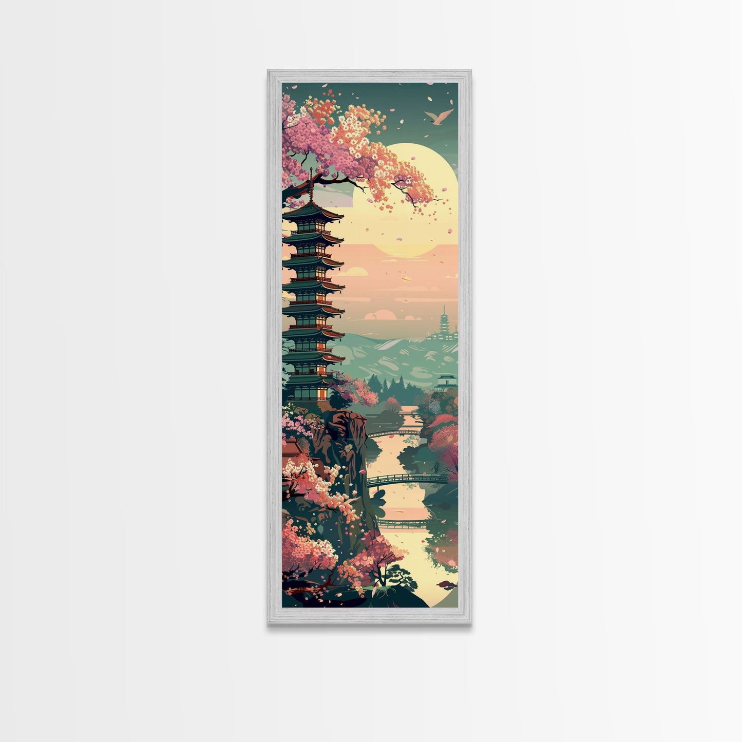 Japanese Pagoda Among Sakura Trees Under Yellow Moon Tall Art Skinny Art Framed Canvas Print Japanese Style Art Ukiyo-e Wood Block Print