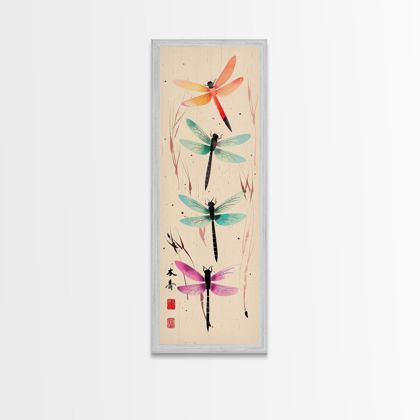 Dragonflies In Flight With Delicate Details Japanese Style Framed Canvas Print, Wall Art Ready To Hang For Nature Lovers