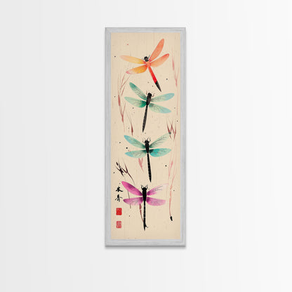 Dragonflies In Flight With Delicate Details Japanese Style Framed Canvas Print, Wall Art Ready To Hang For Nature Lovers