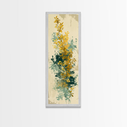 Golden Foliage Set Against Green Textured Background Skinny Art Tall Art Framed Canvas Print Japanese Style Art Ukiyo-e Art Wood Block Print Natural Elegant