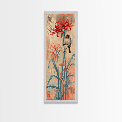 Bird Perched On Bright Red Lily Flower Skinny Art Tall Art Framed Canvas Print Japanese Style Art Ukiyo-e Art Wood Block Print Floral Detailed