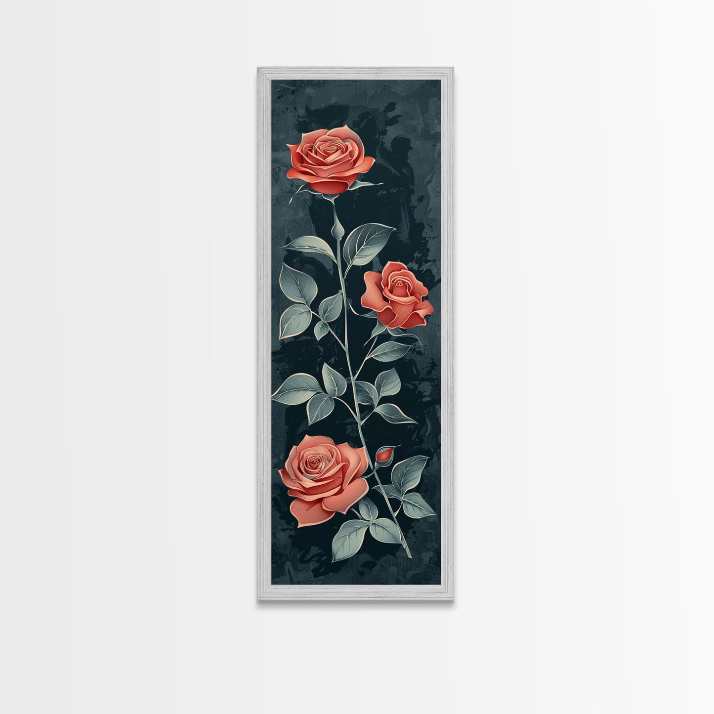Deep Red Roses With Dark Green Foliage Skinny Art Tall Art Framed Canvas Print Japanese Style Art Ukiyo-e Art Wood Block Print Elegant Floral