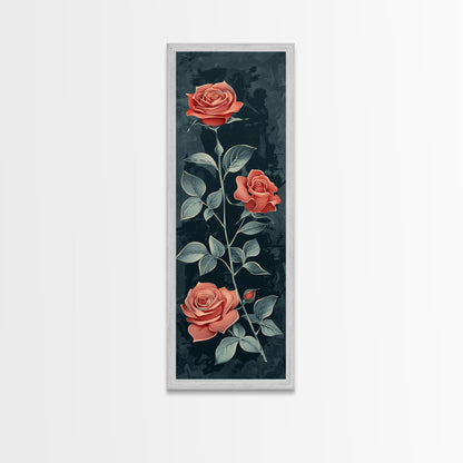 Deep Red Roses With Dark Green Foliage Skinny Art Tall Art Framed Canvas Print Japanese Style Art Ukiyo-e Art Wood Block Print Elegant Floral