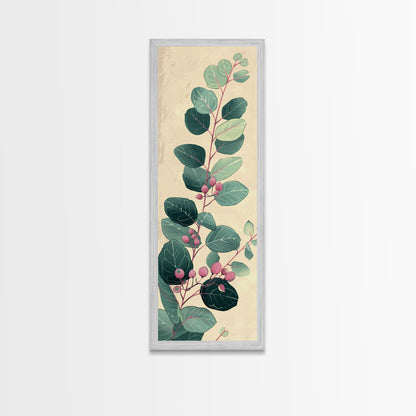 Delicate Green Leaves And Pink Buds On A Branch Against A Textured Background, Skinny Art Tall Wall Art Framed Canvas Print Japanese Style Art