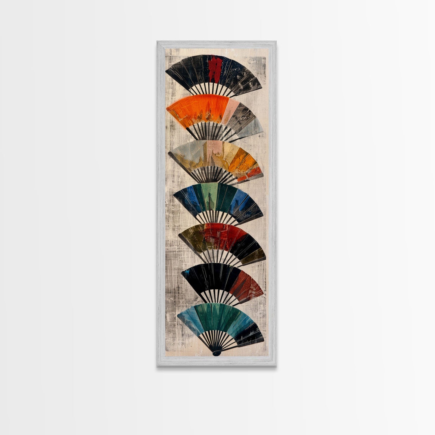 Seven Japanese Fans In Various Colors Arranged Vertically On A Textured Background, Skinny Art Tall Wall Art Framed Canvas Print Japanese Style Art
