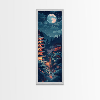 Peaceful Japanese Temple And Pagoda Under A Full Moon, Skinny Art Tall Wall Art Framed Canvas Print Japanese Style Art