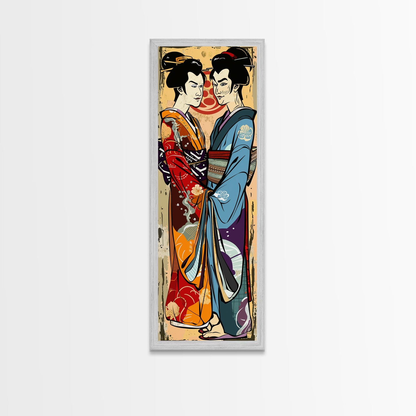 Japanisches Paar im traditionellen Kimono, Hochformatiger, schlanker, gerahmter Leinwanddruck für die Wand