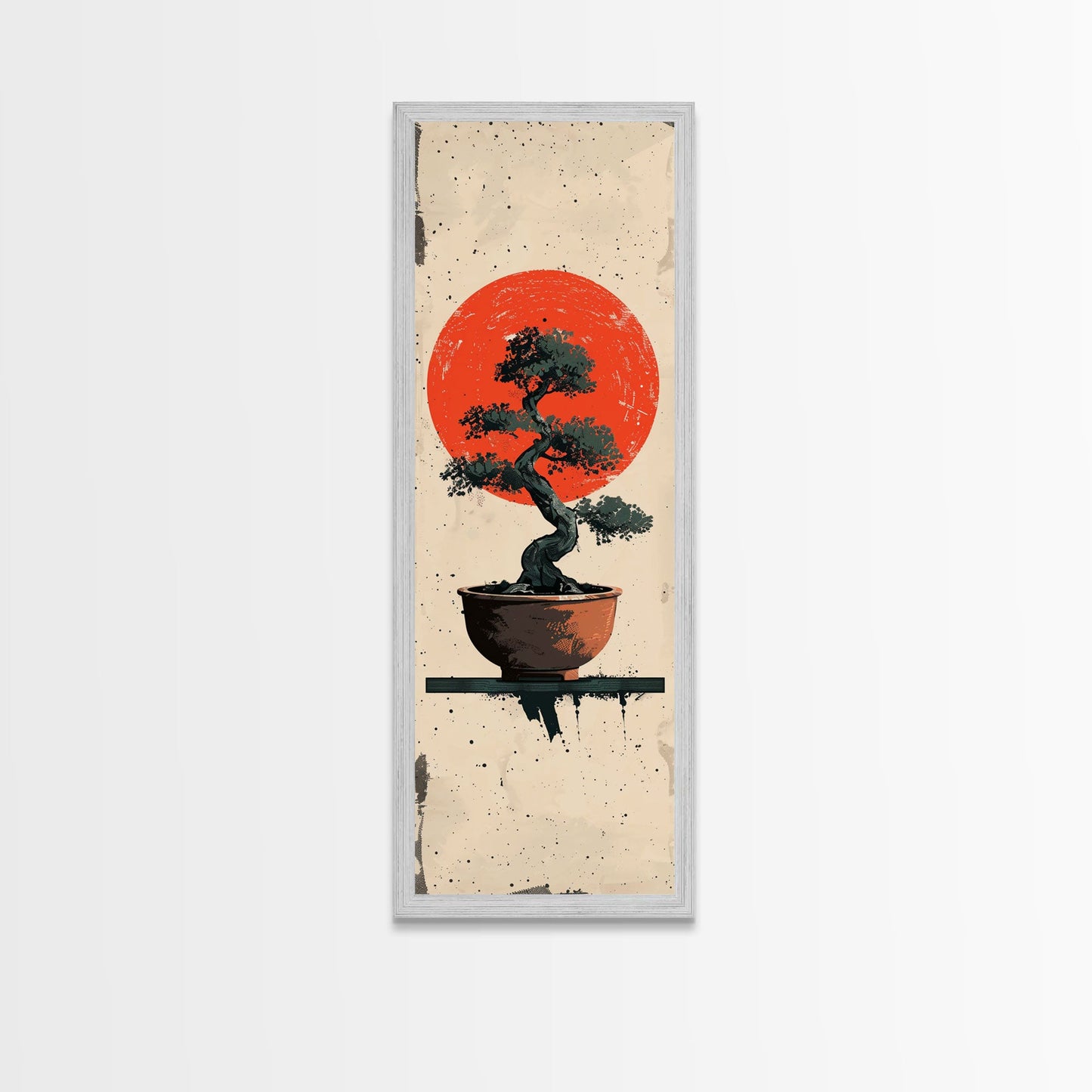 Canvas Print Bonsai Tree Silhouette Against Red Sun, Minimalistic Japanese Style Art For Modern Home, Wall Decoration