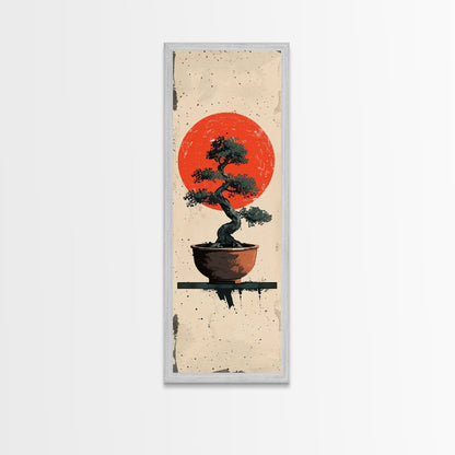 Canvas Print Bonsai Tree Silhouette Against Red Sun, Minimalistic Japanese Style Art For Modern Home, Wall Decoration