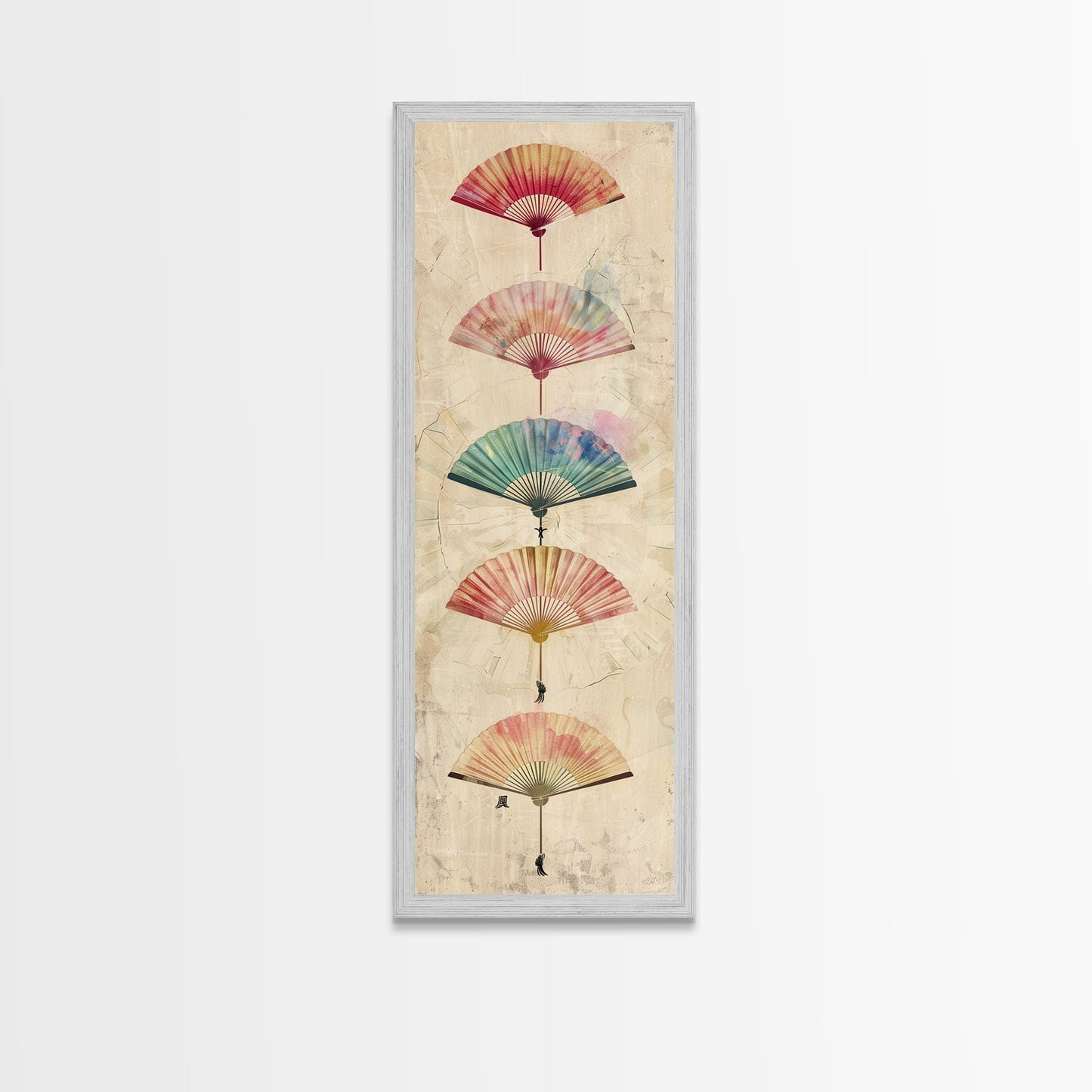 Japanese Folding Fans Cultural Art On Framed Canvas Print In Ukiyo-e Style Tall Skinny Traditional Wood Block Wall Decor