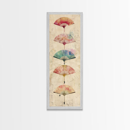 Japanese Folding Fans Cultural Art On Framed Canvas Print In Ukiyo-e Style Tall Skinny Traditional Wood Block Wall Decor