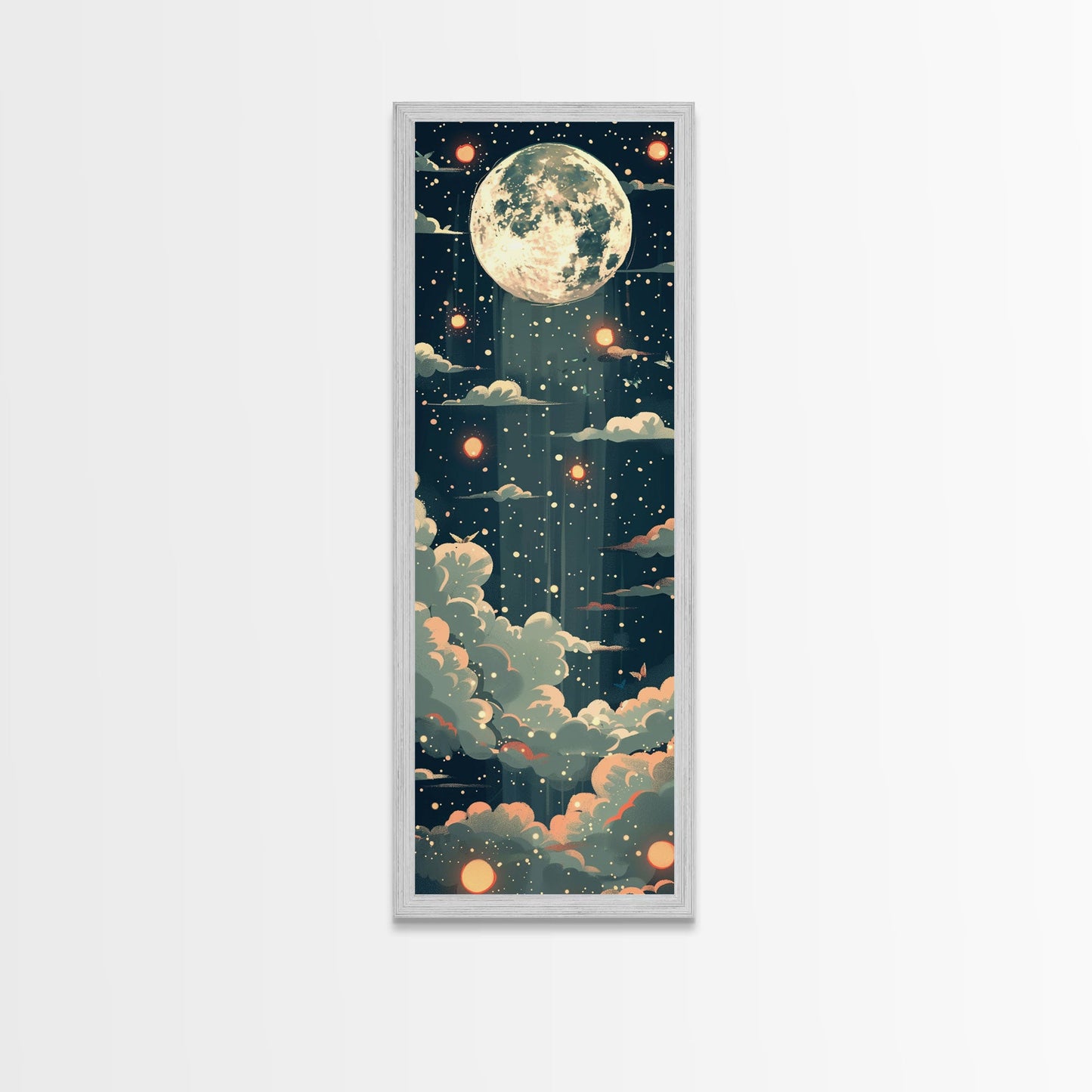 Moonlit Night With Japanese Lanterns Art On Framed Canvas Print In Ukiyo-e Style Tall Skinny Ethereal Wood Block Wall Decor