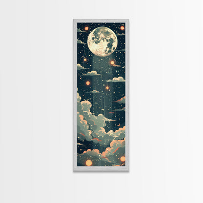 Moonlit Night With Japanese Lanterns Art On Framed Canvas Print In Ukiyo-e Style Tall Skinny Ethereal Wood Block Wall Decor