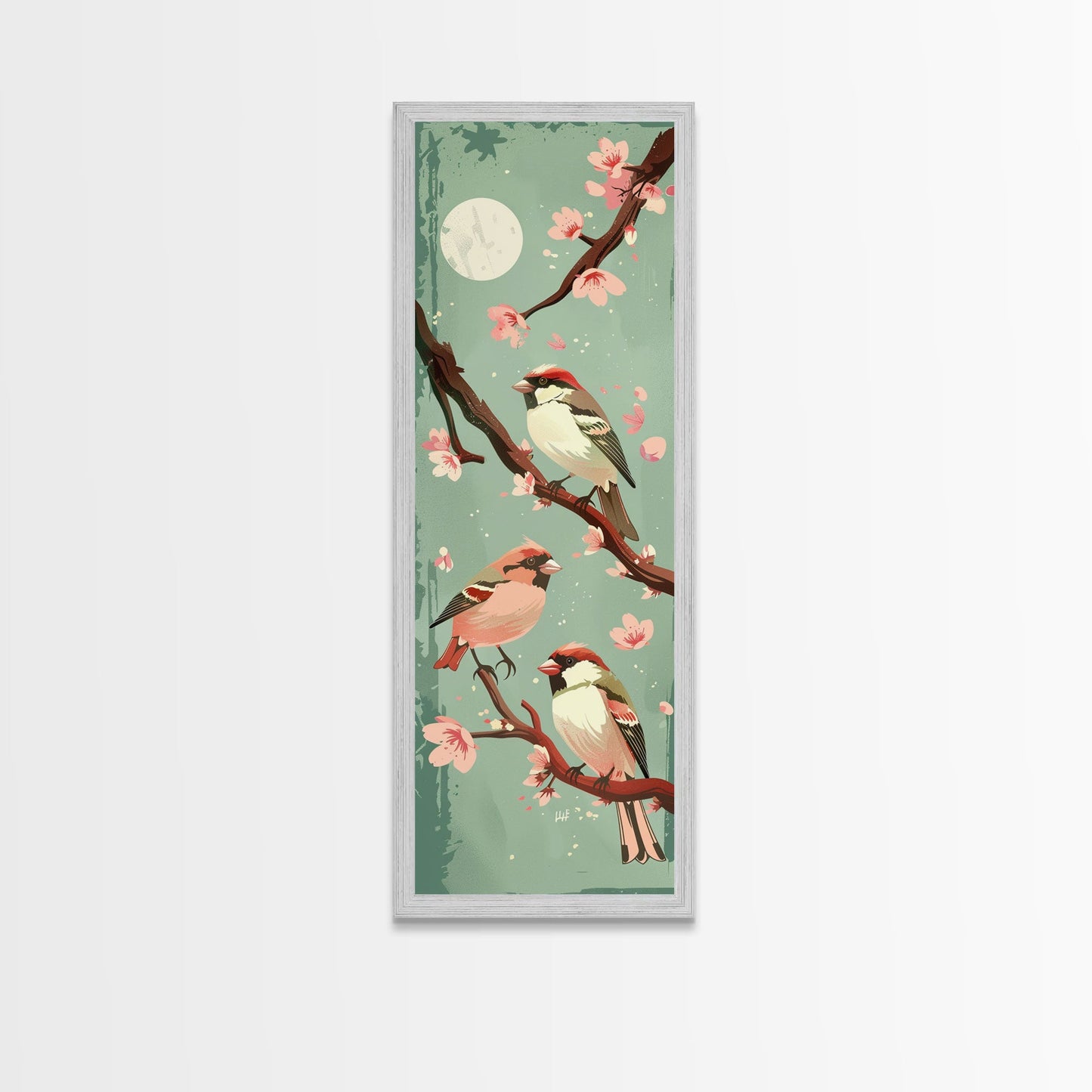 Delicate Sparrows Perched On Cherry Blossoms Under Full Moon Serene Nighttime Setting Captured Tall Framed Canvas Print Nature Scene