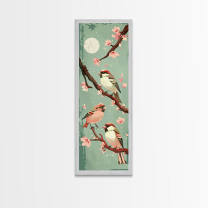 Delicate Sparrows Perched On Cherry Blossoms Under Full Moon Serene Nighttime Setting Captured Tall Framed Canvas Print Nature Scene