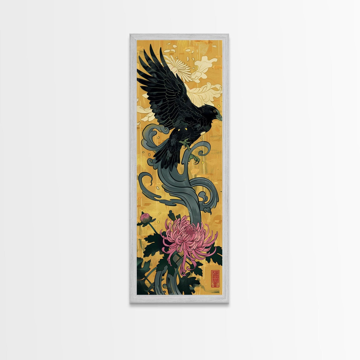 Canvas Print Japanese Eagle In Flight Over Chrysanthemum Flowers, Bold Traditional Art For Statement Wall Piece, Cultural Home Decor