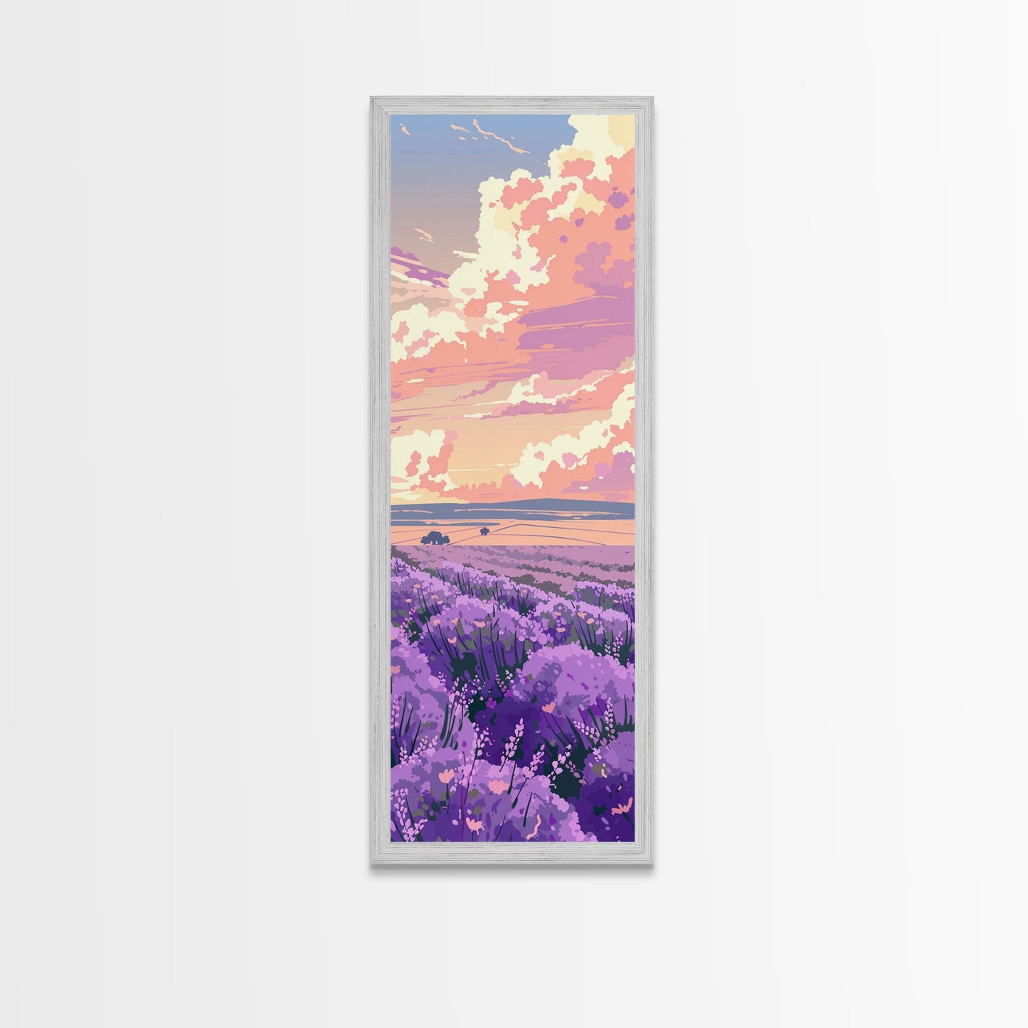 Expansive Lavender Field Beneath a Dramatic Cloudy Sky in Warm Pastel Hues Ukiyo-e Art Japanese Framed Canvas Print Skinny Tall Art