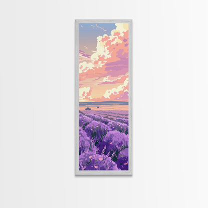 Expansive Lavender Field Beneath a Dramatic Cloudy Sky in Warm Pastel Hues Ukiyo-e Art Japanese Framed Canvas Print Skinny Tall Art