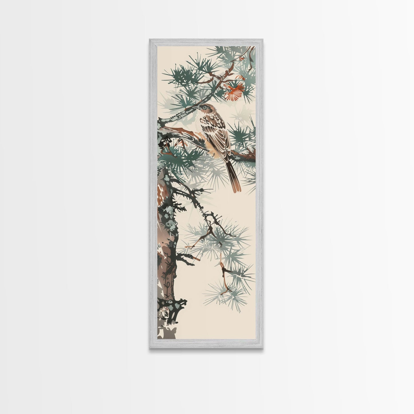 Canvas Print Sparrow Perched On Pine Tree Branch, Subtle And Serene Japanese Nature Scene For Tranquil Home Decor, Wall Decoration
