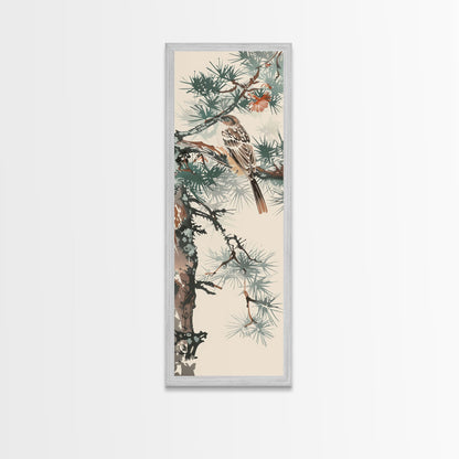 Canvas Print Sparrow Perched On Pine Tree Branch, Subtle And Serene Japanese Nature Scene For Tranquil Home Decor, Wall Decoration