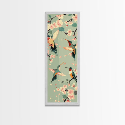Hummingbirds And Cherry Blossoms In Japanese Style Canvas, Ukiyo-e Inspired Woodblock Art, Framed Canvas Print, Japanese Tall Skinny Wall Art, Ready To Hang