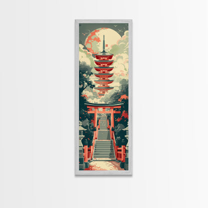 Japanese Style Art, Tall Art, Skinny Art, Pagoda Temple Wood Block Print Framed Canvas Print Ukiyo-e Art