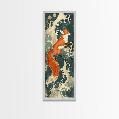 Japanese Style Art Depicting A Fox In Motion Against A Backdrop Of Foamy Waves, Skinny Art, Tall Art, Ukiyo-e Art, Framed Canvas Print, Wood Block Print