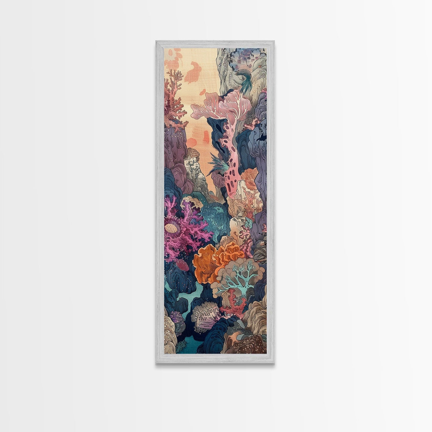Framed Canvas Print Of A Coral Reef Scene Filled With Vibrant Marine Life, Skinny Art, Tall Art, Japanese Style Art, Ukiyo-e Art, Wood Block Print
