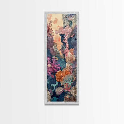 Framed Canvas Print Of A Coral Reef Scene Filled With Vibrant Marine Life, Skinny Art, Tall Art, Japanese Style Art, Ukiyo-e Art, Wood Block Print
