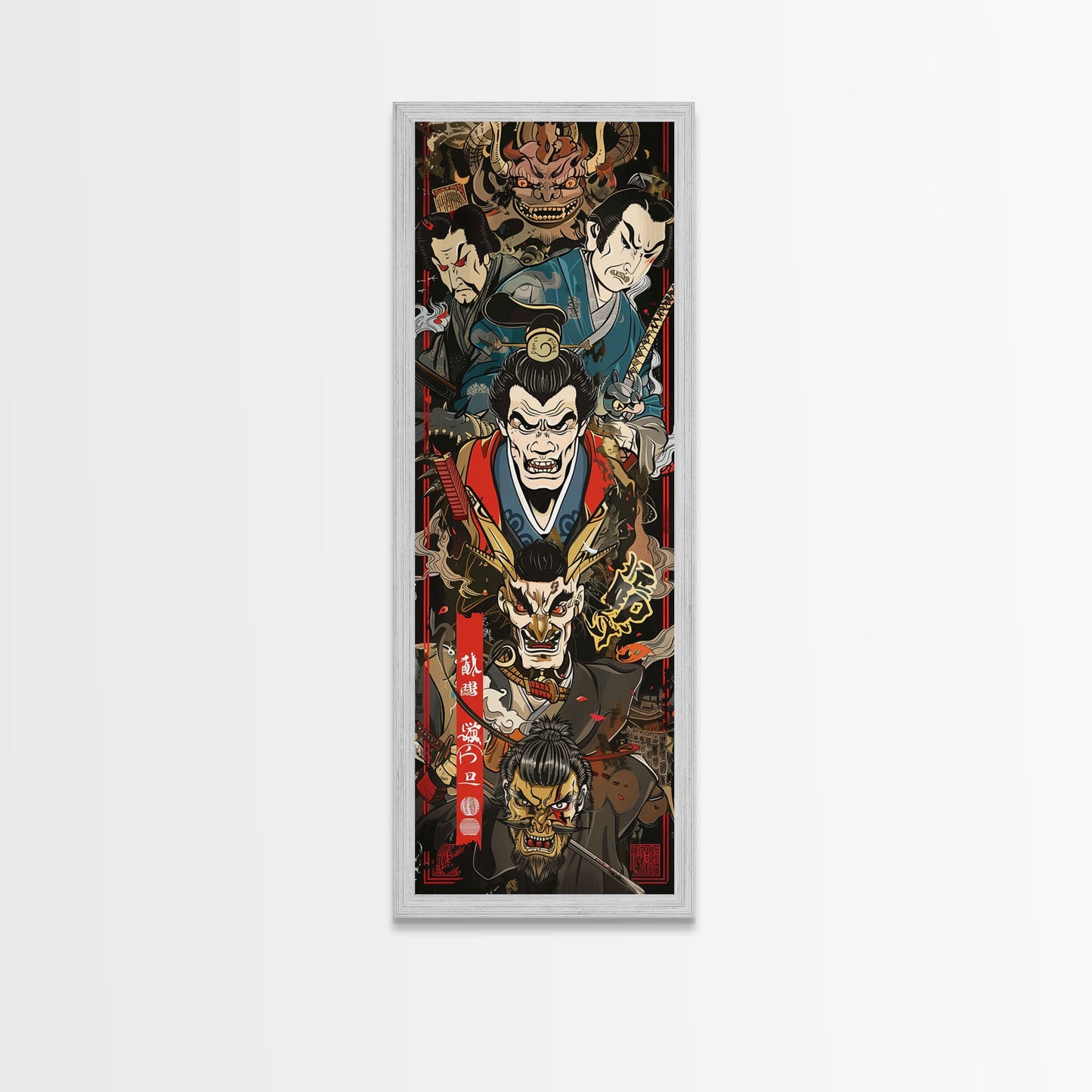 Fierce Samurai Warriors With Oni Mask Tall Art Ukiyo-e Art Wood Block Print Framed Canvas Print