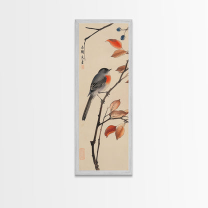 Songbird Perched On Branch With Autumn Leaves Skinny Art Wood Block Print Framed Canvas Print