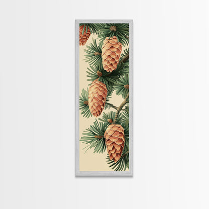 Pinecones And Green Pine Needles Detailed Wood Block Print Skinny Art Framed Canvas Print
