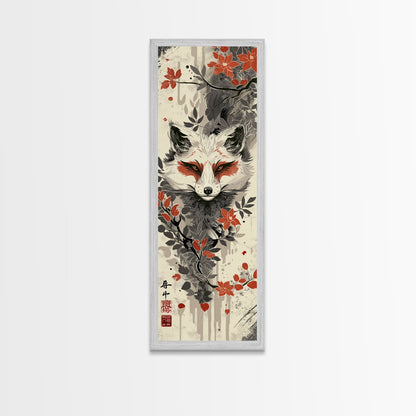 Fox Head Amidst Red Flowers On Textured Background Skinny Art Wood Block Print Framed Canvas Print