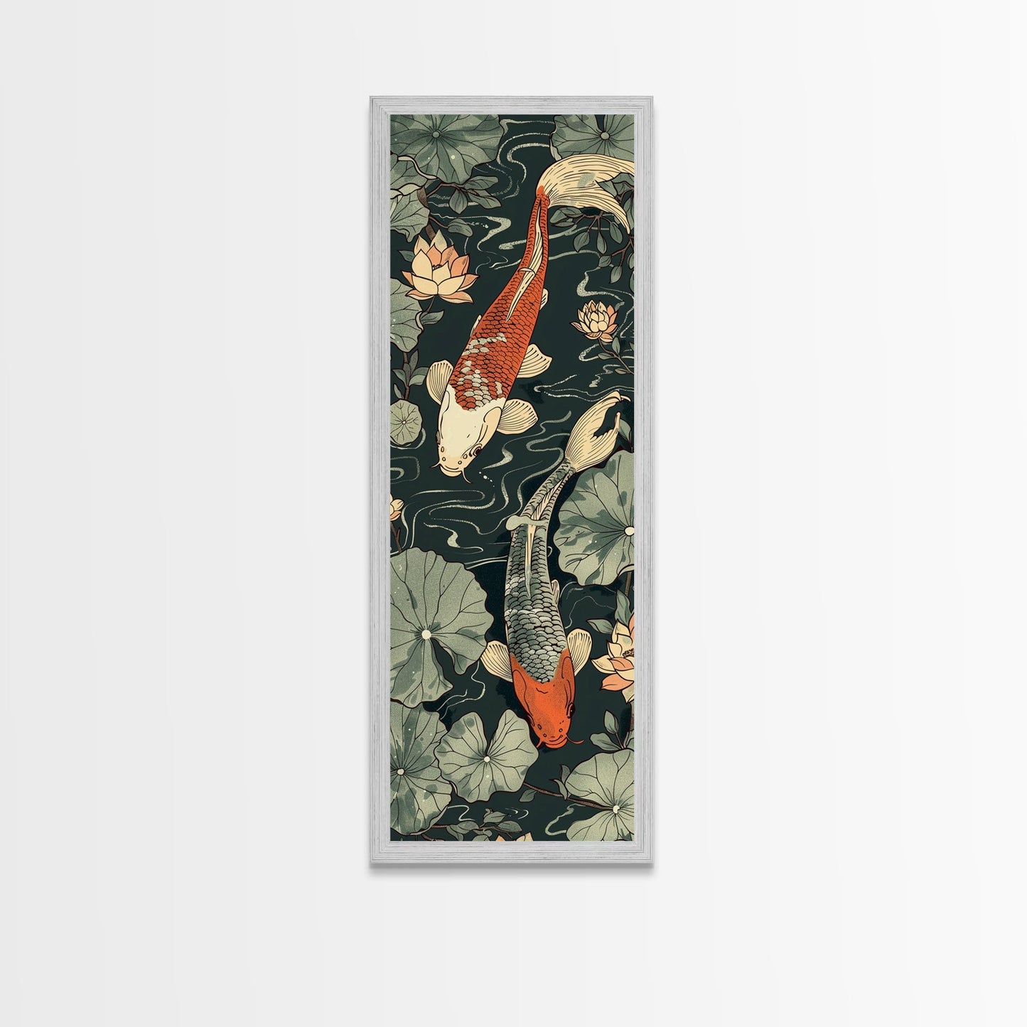 Koi Fish Swimming Gracefully Among Lotus Flowers – Framed Canvas Print Highlighting Skinny Art And Tall Art In Ukiyo-E Art And Japanese Style Art