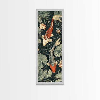 Koi Fish Swimming Gracefully Among Lotus Flowers – Framed Canvas Print Highlighting Skinny Art And Tall Art In Ukiyo-E Art And Japanese Style Art