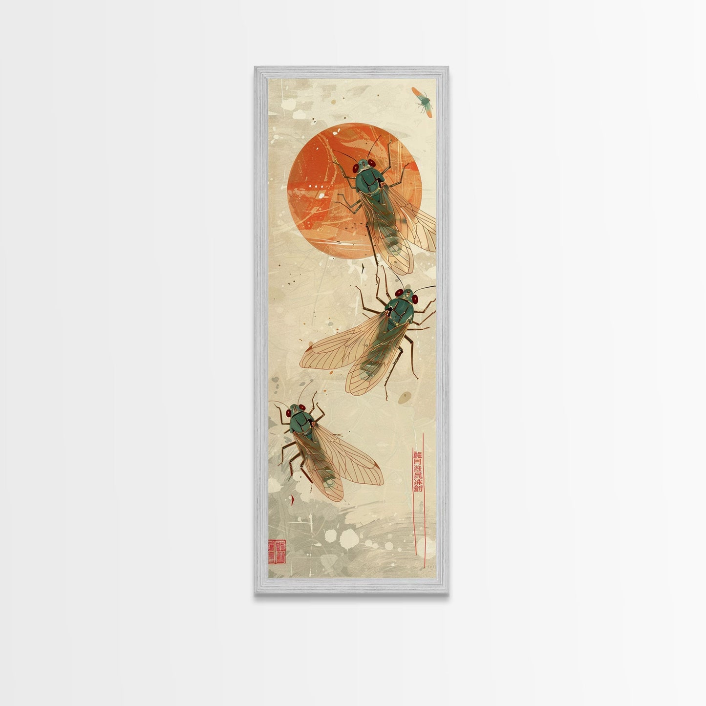 Detailed Depiction Of Cicadas Against Warm Sunset Background Ukiyo-e Skinny Tall Wood Block Framed Canvas Print Japanese Style Art