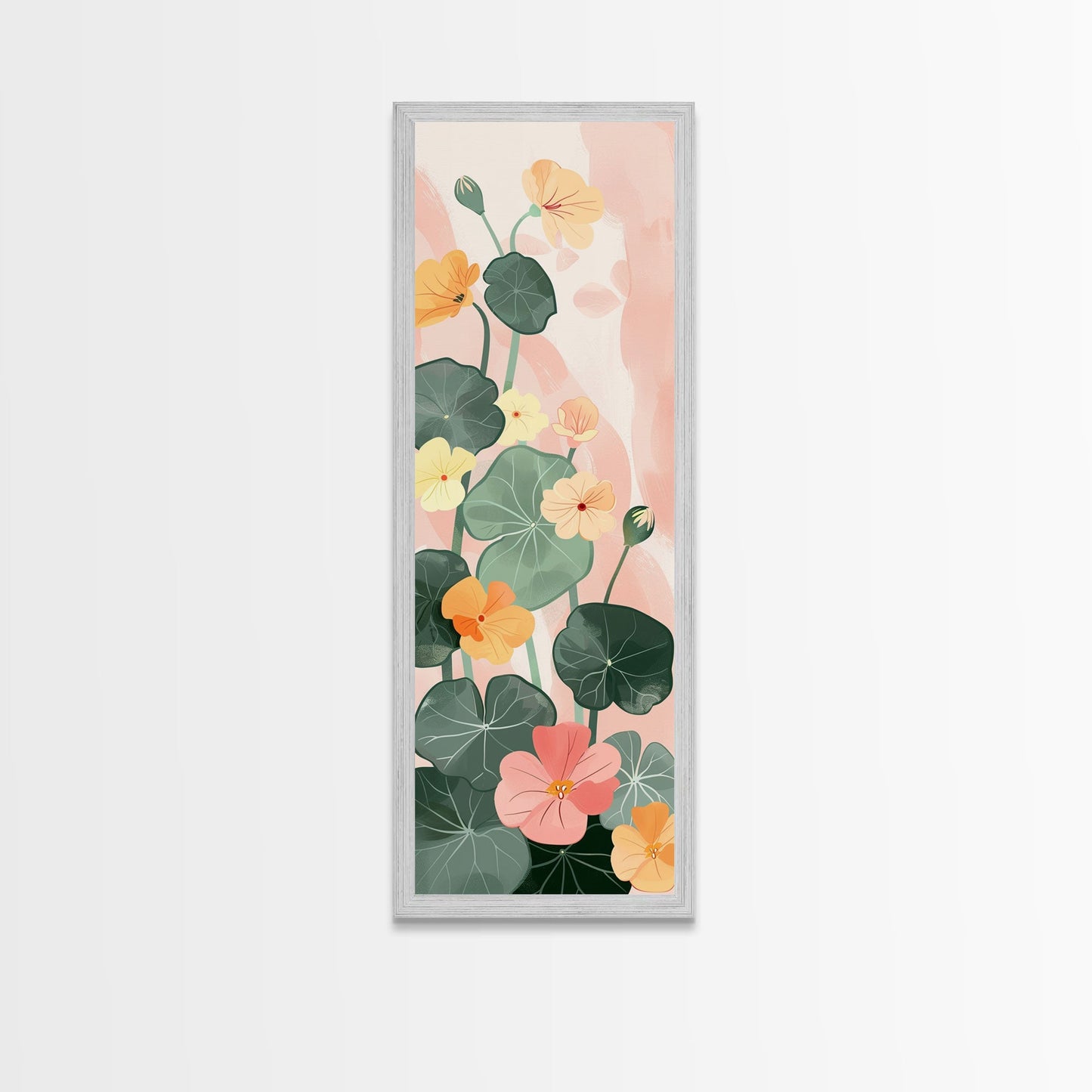 Bright And Colorful Nasturtium Flowers Ukiyo-e Style Tall Skinny Wood Block Japanese Art Framed Canvas Print