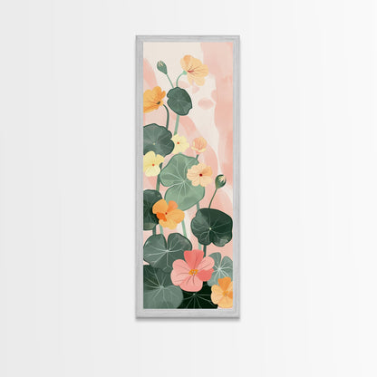 Bright And Colorful Nasturtium Flowers Ukiyo-e Style Tall Skinny Wood Block Japanese Art Framed Canvas Print