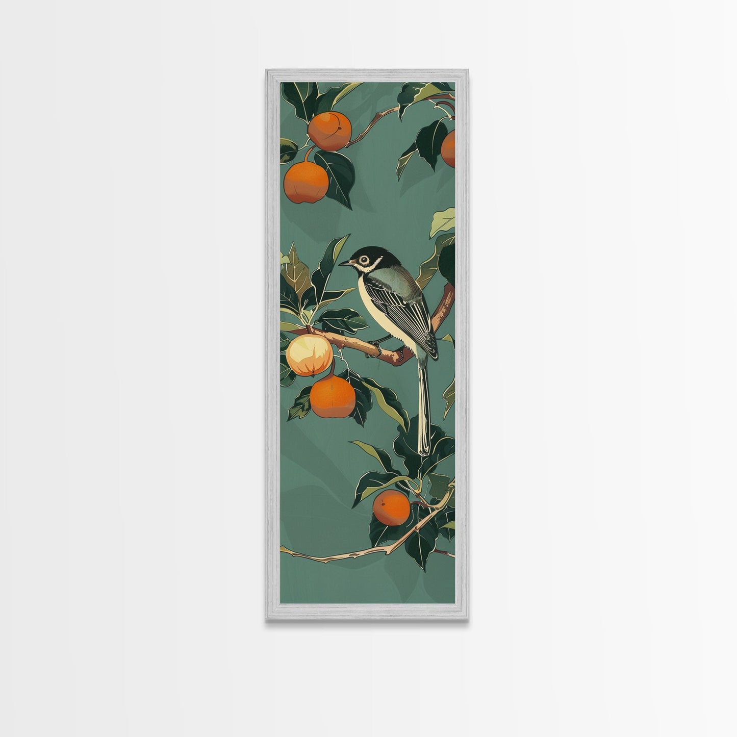 Elegant Bird Among Persimmons On A Green Canvas, Skinny Wall Art With Framed Canvas Print In Japanese Style Art For Feng Shui Decor