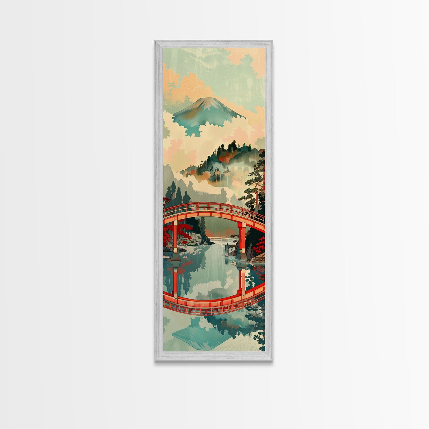 Atemberaubendes Motiv des Berges Fuji mit Spiegelung der roten Brücke, schmaler, hoher Leinwanddruck mit Rahmen, japanisches Wandbild im Feng-Shui-Stil