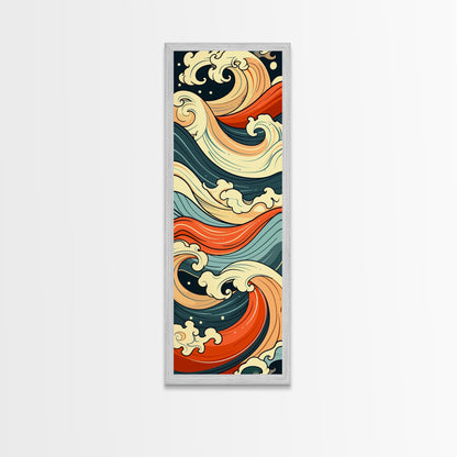 Abstract Wave Pattern With Vibrant Colors - Skinny Art Tall Art Framed Canvas Print Japanese Style Art Ukiyo-e Art