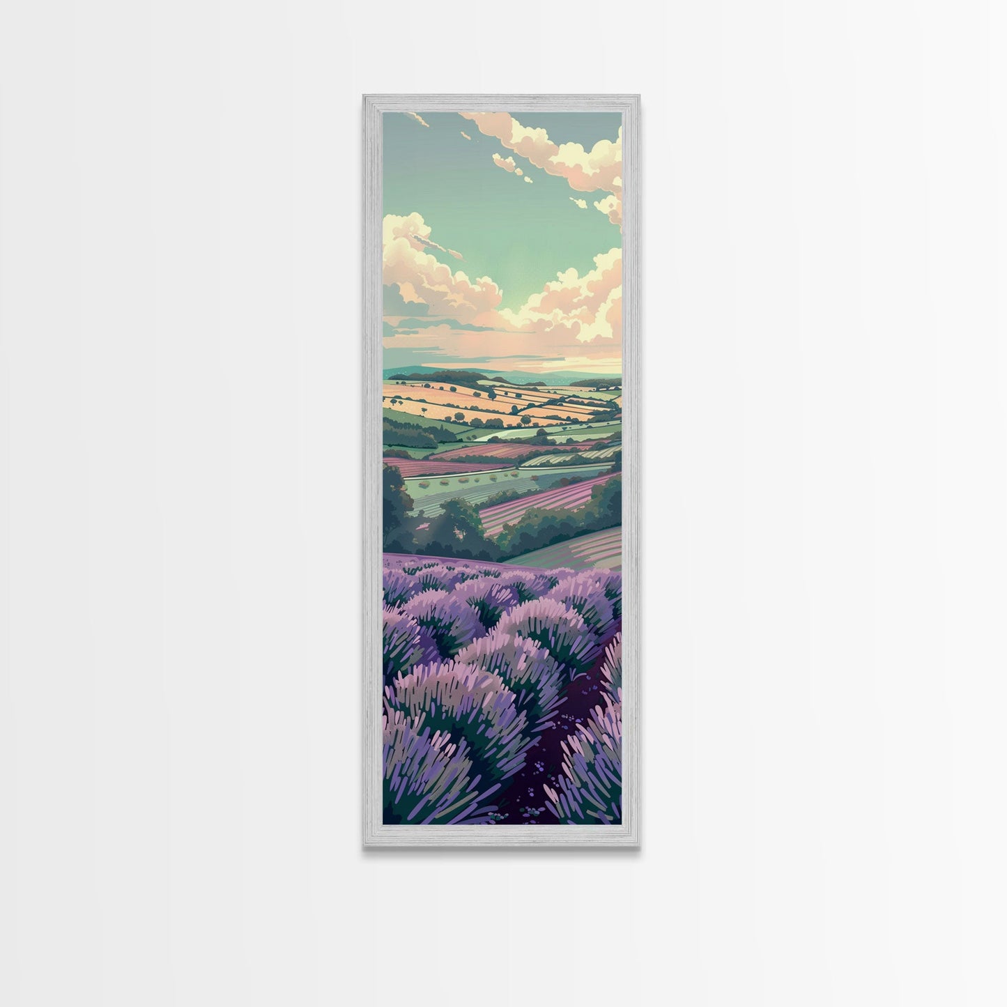 Lavender Fields With Rolling Hills - Skinny Art Tall Art Framed Canvas Print Japanese Style Art Ukiyo-e Art
